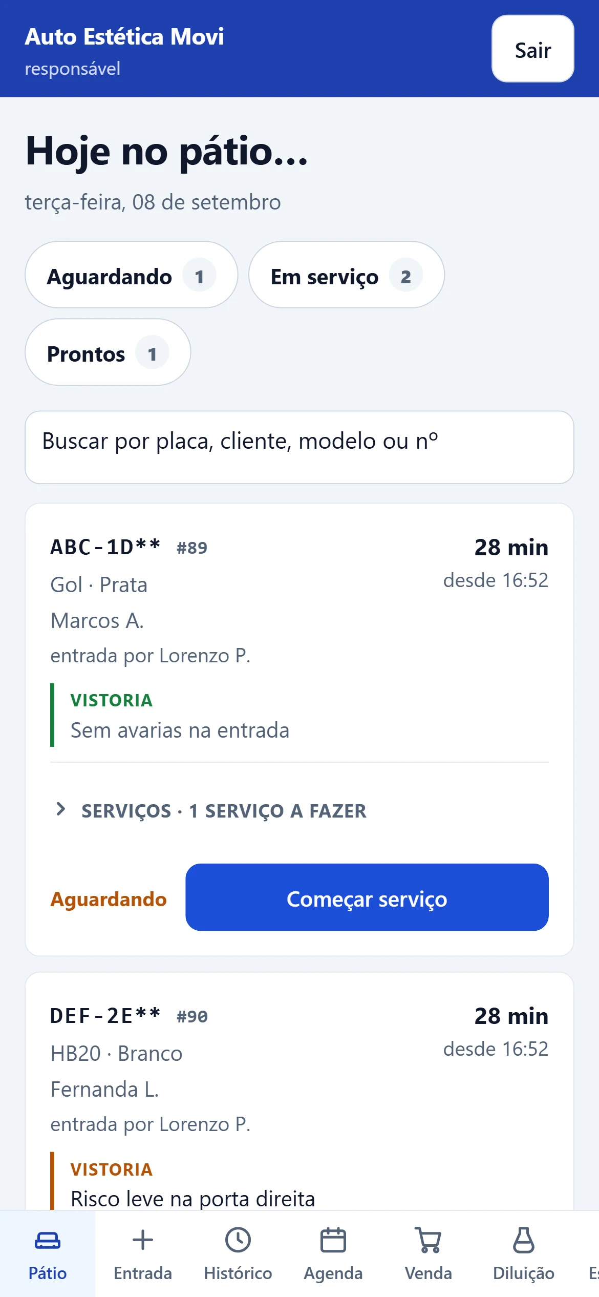 A mesma tela do pátio no celular, com os filtros Aguardando, Em serviço e Prontos